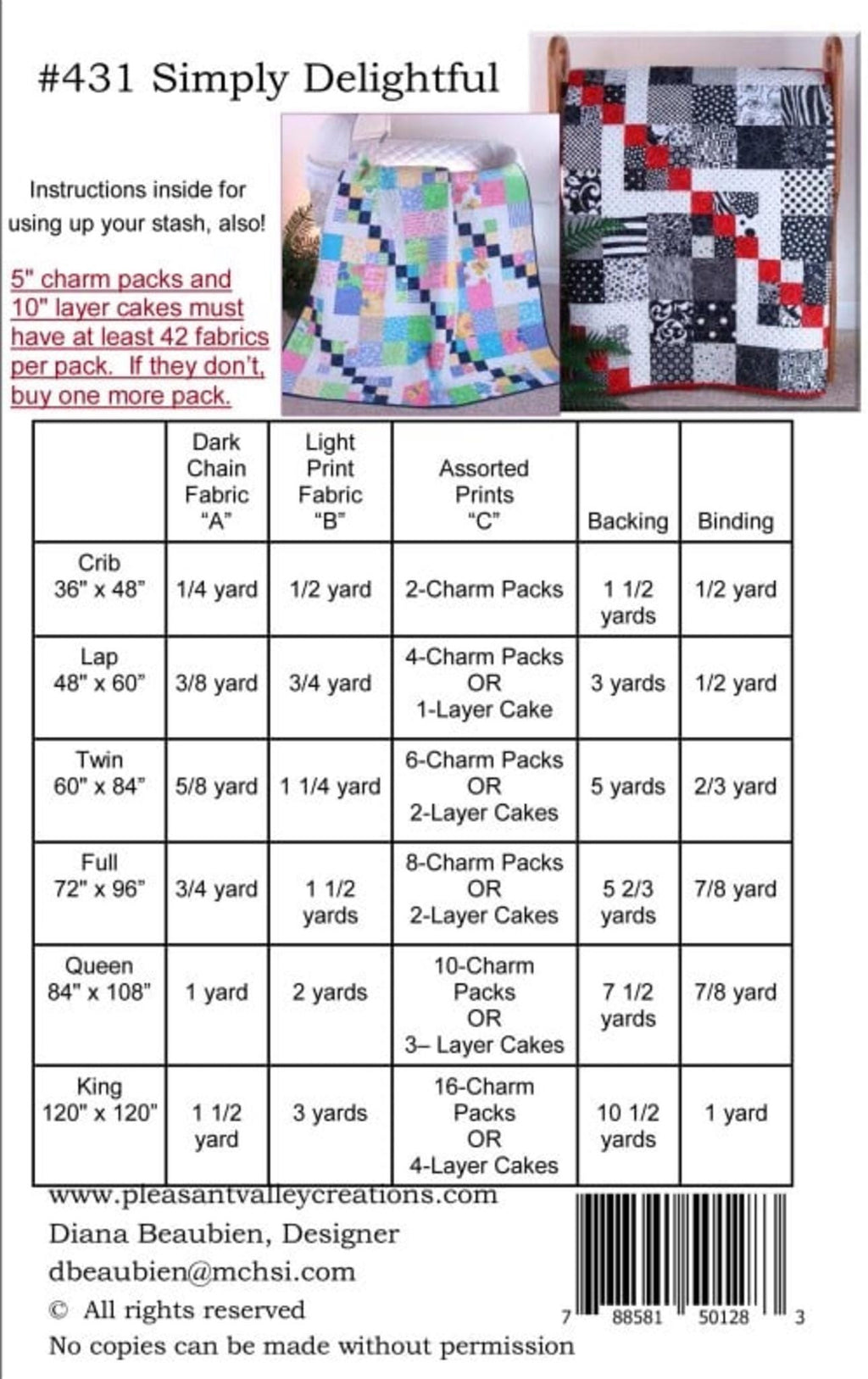 Simply Delightful Quilt Pattern for 6 sizes, by Designer Diana Beaubien for Pleasant Valley Creations
