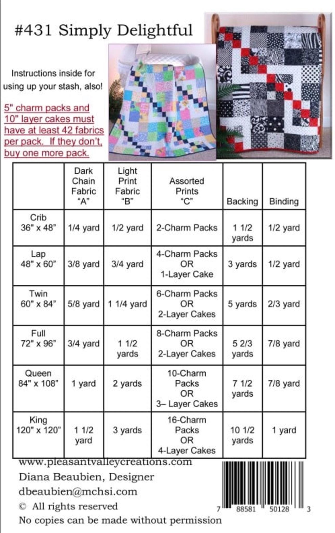 Simply Delightful Quilt Pattern for 6 sizes, by Designer Diana Beaubien for Pleasant Valley Creations
