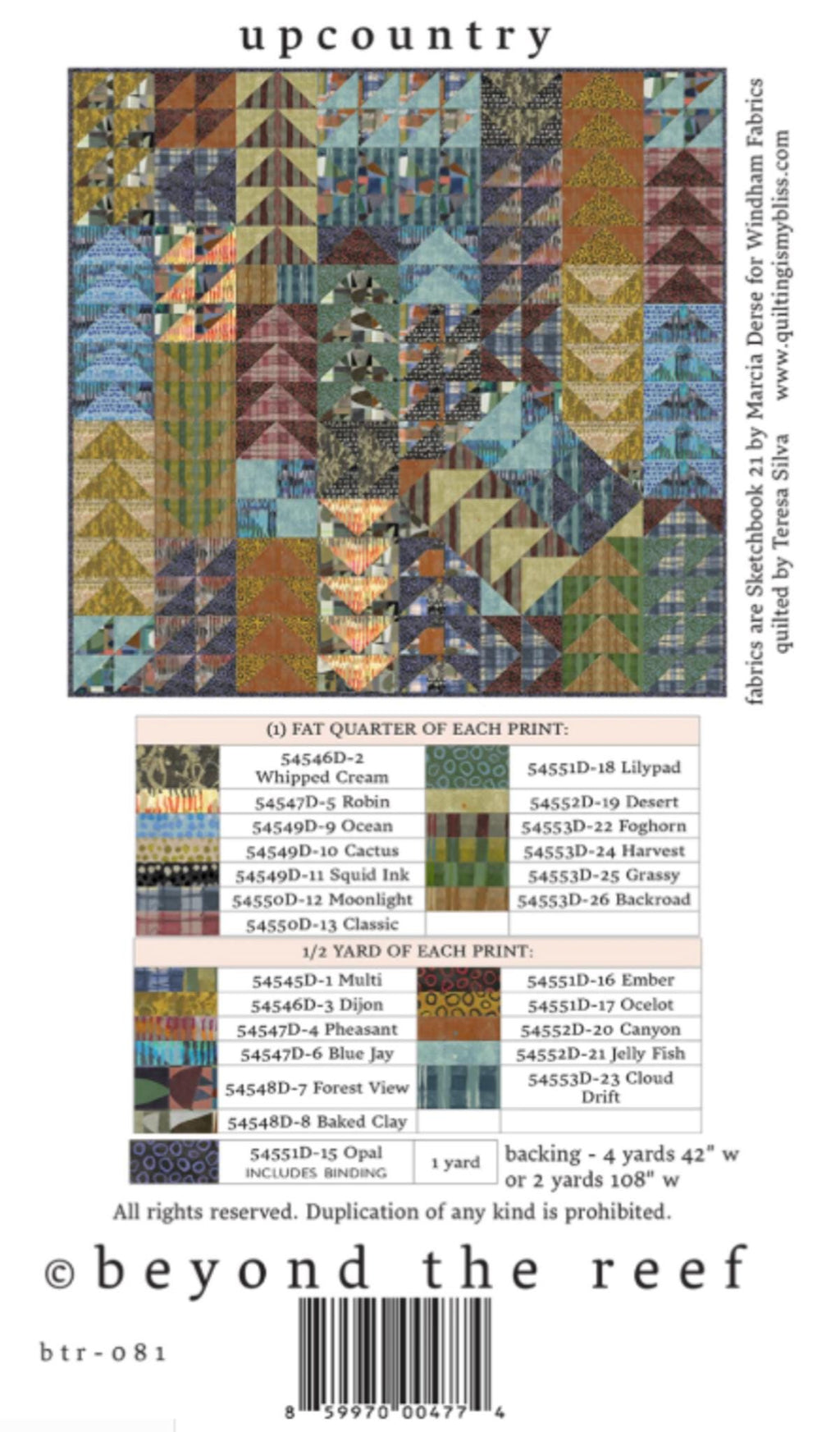 Upcountry Quilt Pattern from beyond the reef - 64.5" x 64.5"