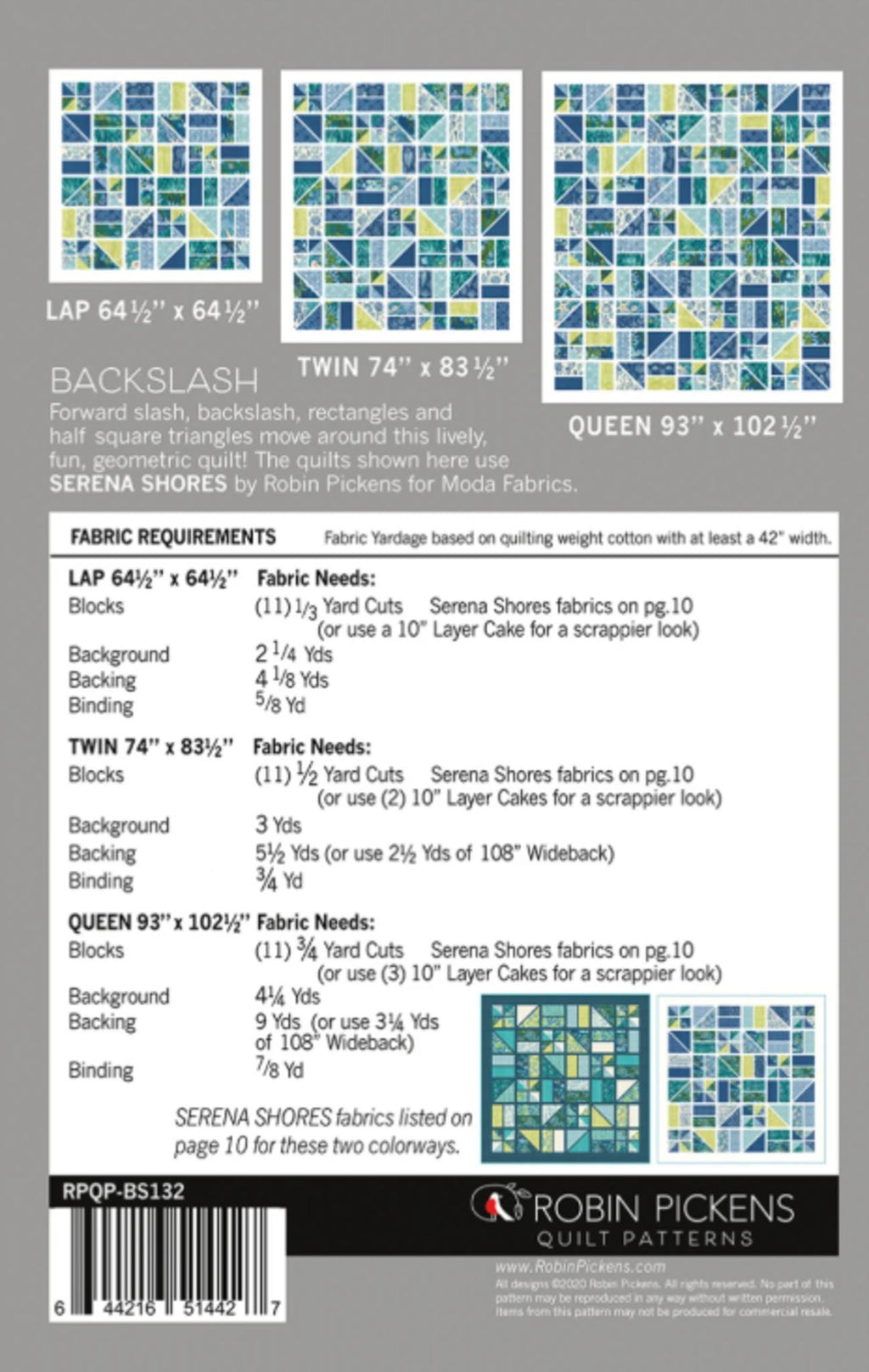 Backslash Quilt Pattern by Robin Pickens - 3 sizes; Layer Cake friendly