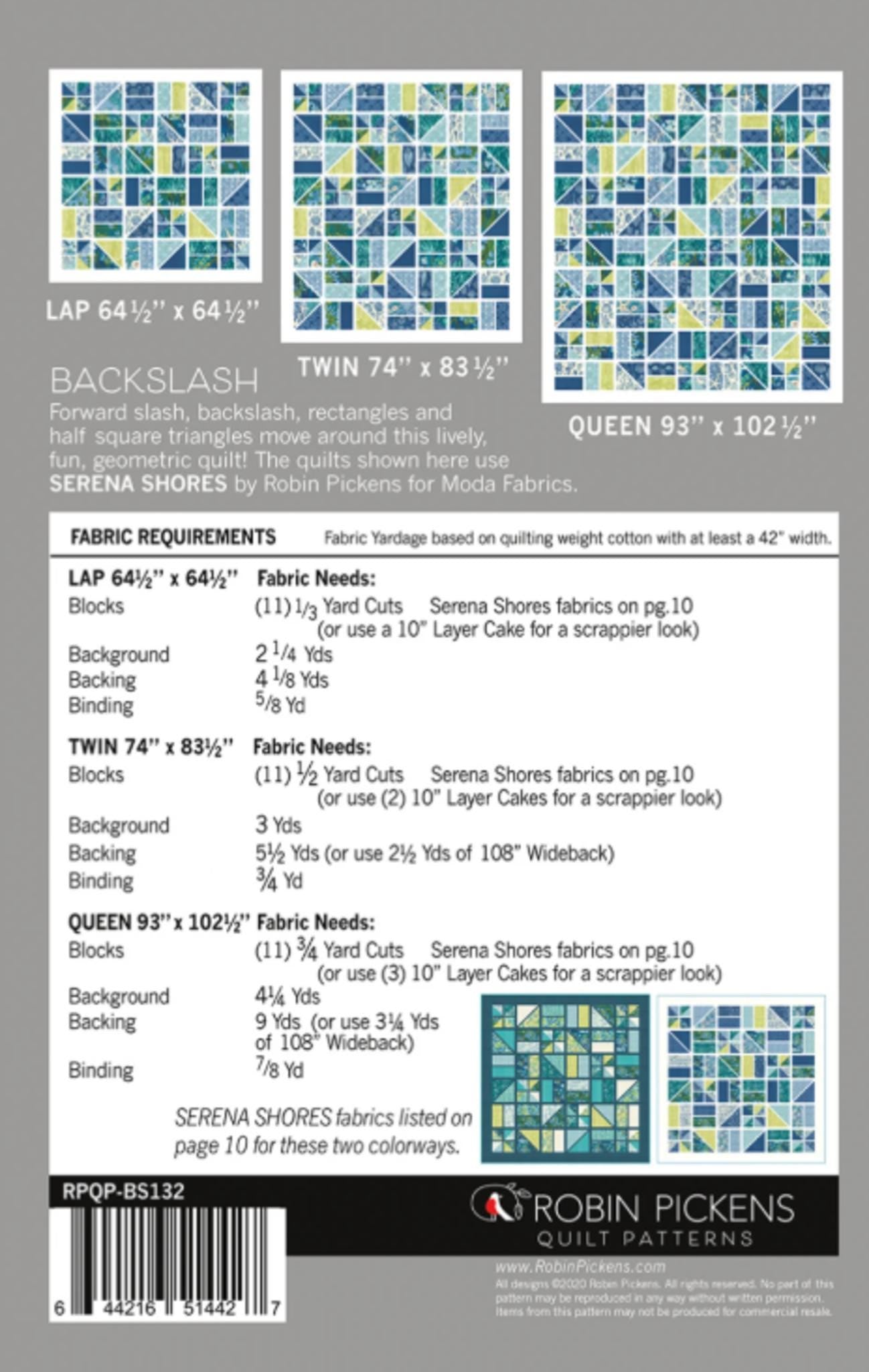 Backslash Quilt Pattern by Robin Pickens - 3 sizes; Layer Cake friendly