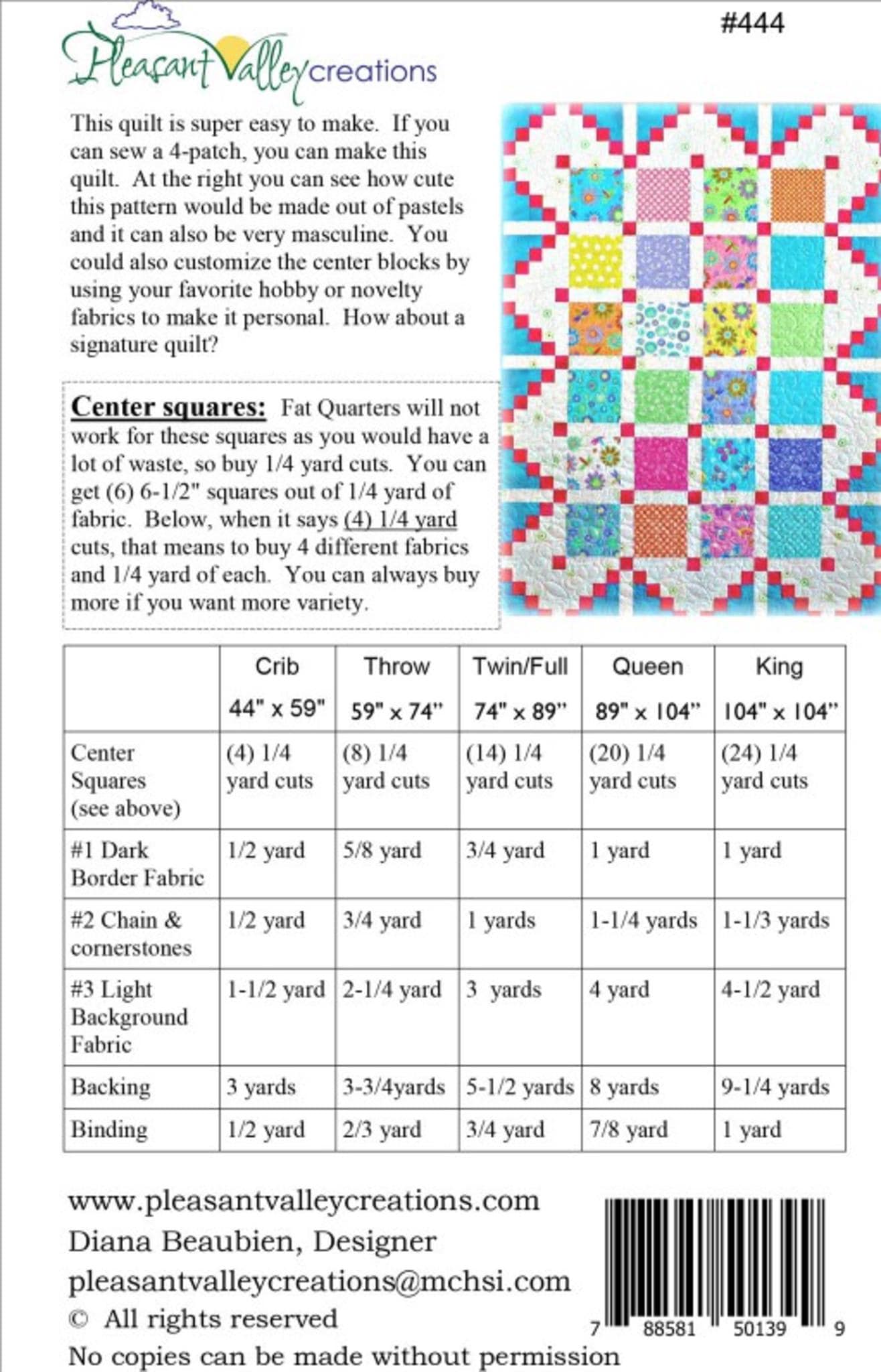 Simply Cool Quilt Pattern for 5 sizes, by Designer Diana Beaubien for Pleasant Valley Creations
