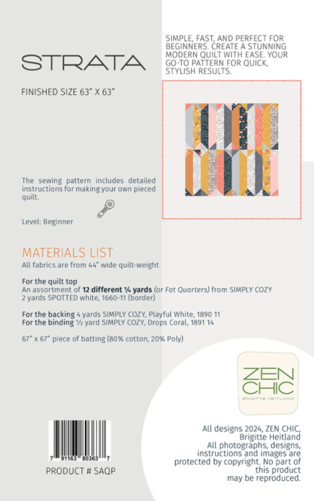 Strata Quilt Pattern by Brigitte Heitland - 63 x 63