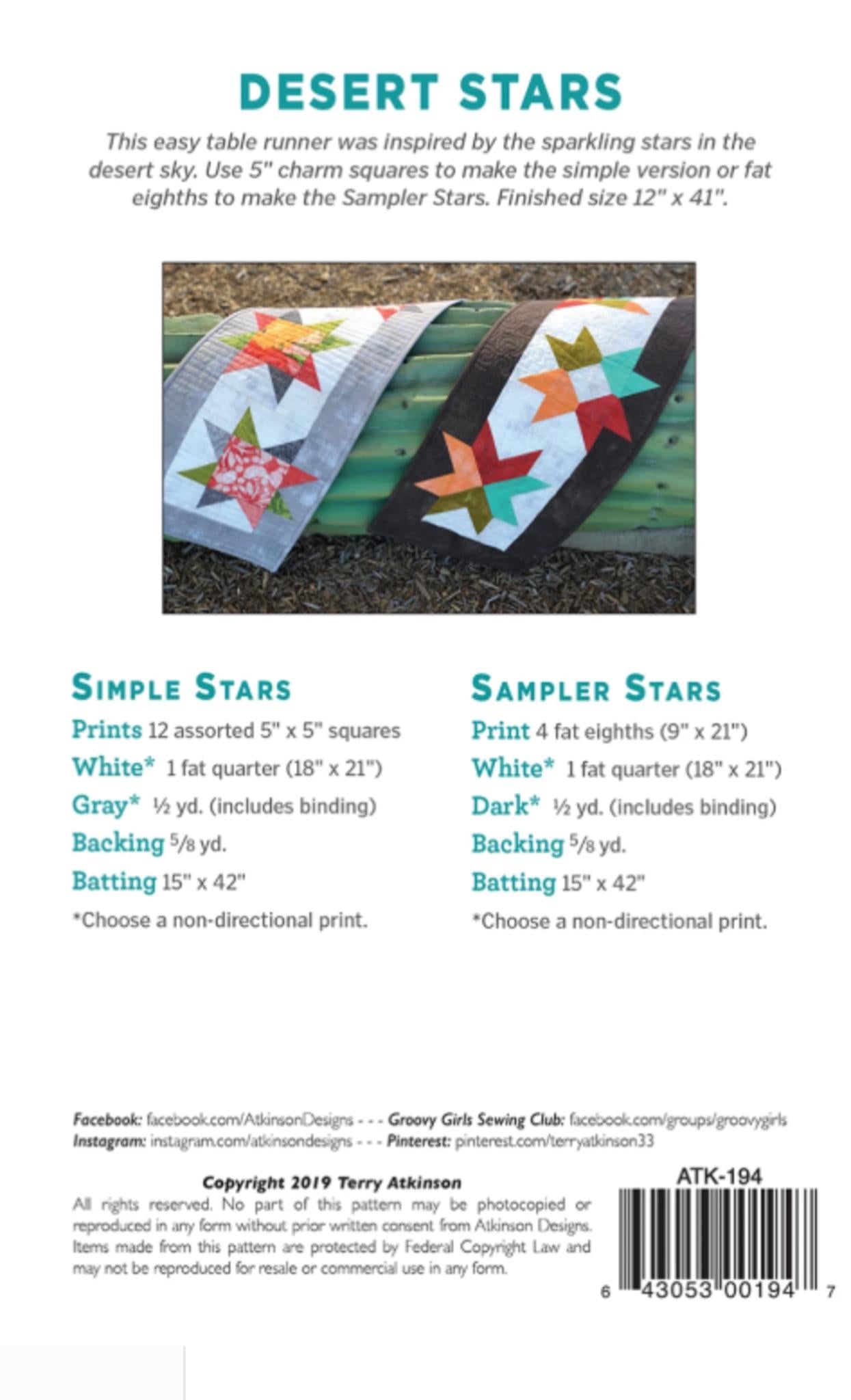 Desert Stars easy table runner Quilt Pattern by Terry Atkinson - 12 x 41