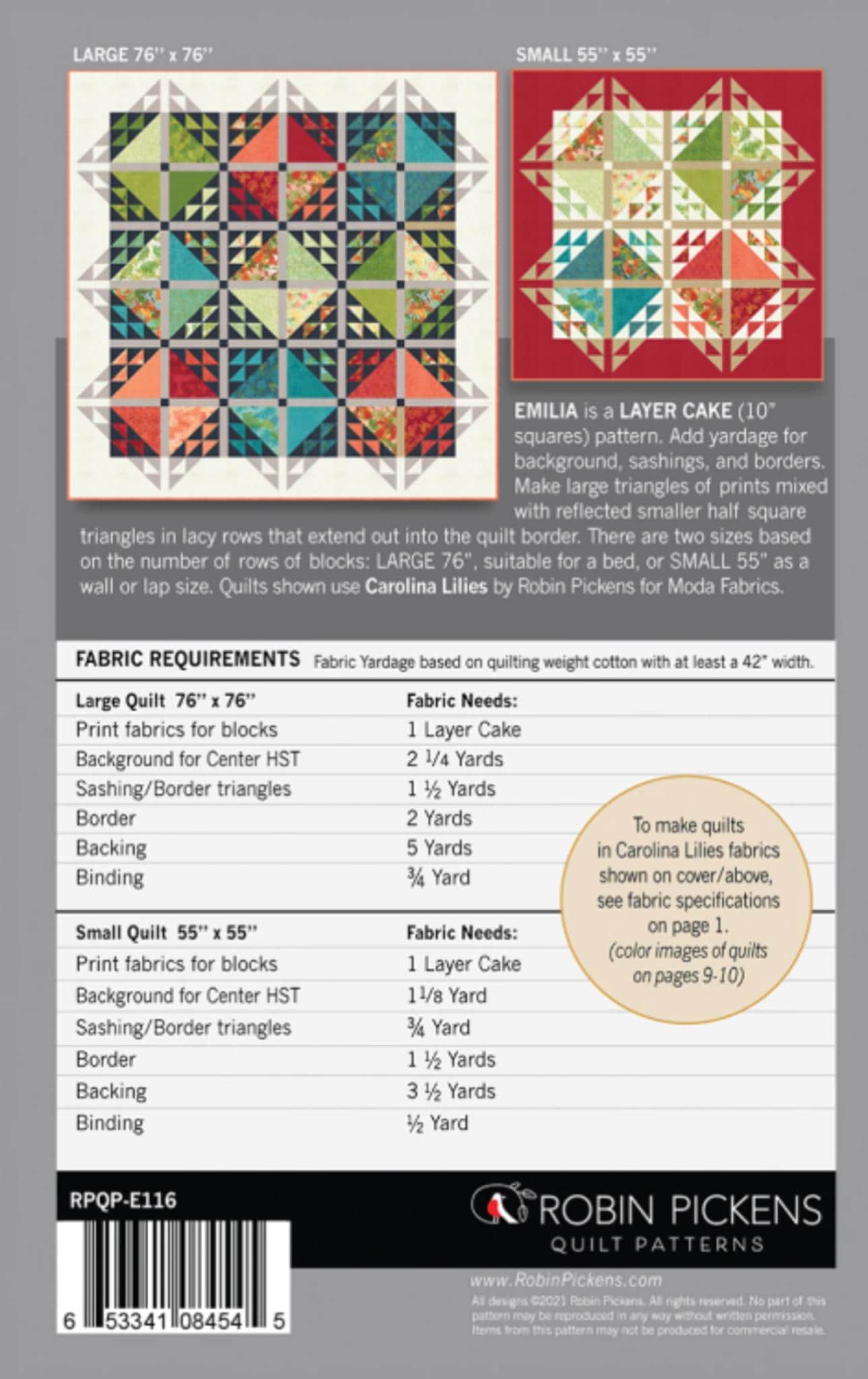 Emilia Quilt Pattern by Robin Pickens: Layer Cake Friendly