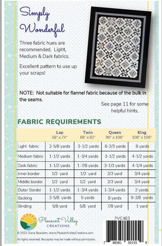 Simply Wonderful Quilt Pattern for 4 sizes, by Designer Diana Beaubien for Pleasant Valley Creations