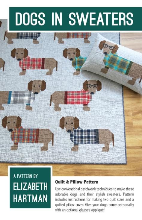 Dogs in Sweaters Quilt Pattern by Elizabeth Hartman - Pillow + two sizes included. Large Quilt pictured in Main Photo