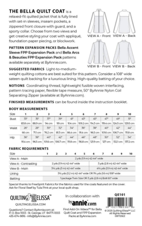 Bella Quilt Coat by Quilting Elissa; Also options for Customizing or Accent Sleeves, see description
