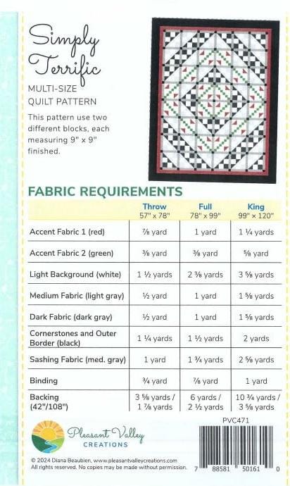 Simply Terrific Quilt Pattern for 3 sizes, by Designer Diana Beaubien for Pleasant Valley Creations