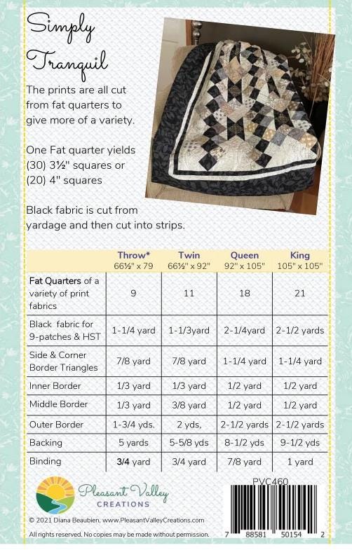 Simply Tranquil Quilt Pattern for 4 sizes, by Designer Diana Beaubien for Pleasant Valley Creations