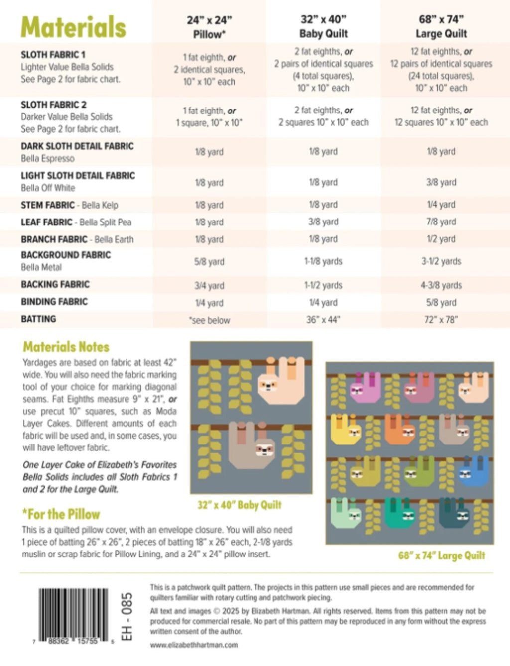 Snuggly Sloths Quilt Pattern by Elizabeth Hartman - two sizes included.