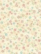 A cream-colored fabric with a scattered pattern of small, light blue, pink, and yellow circles and dots.
