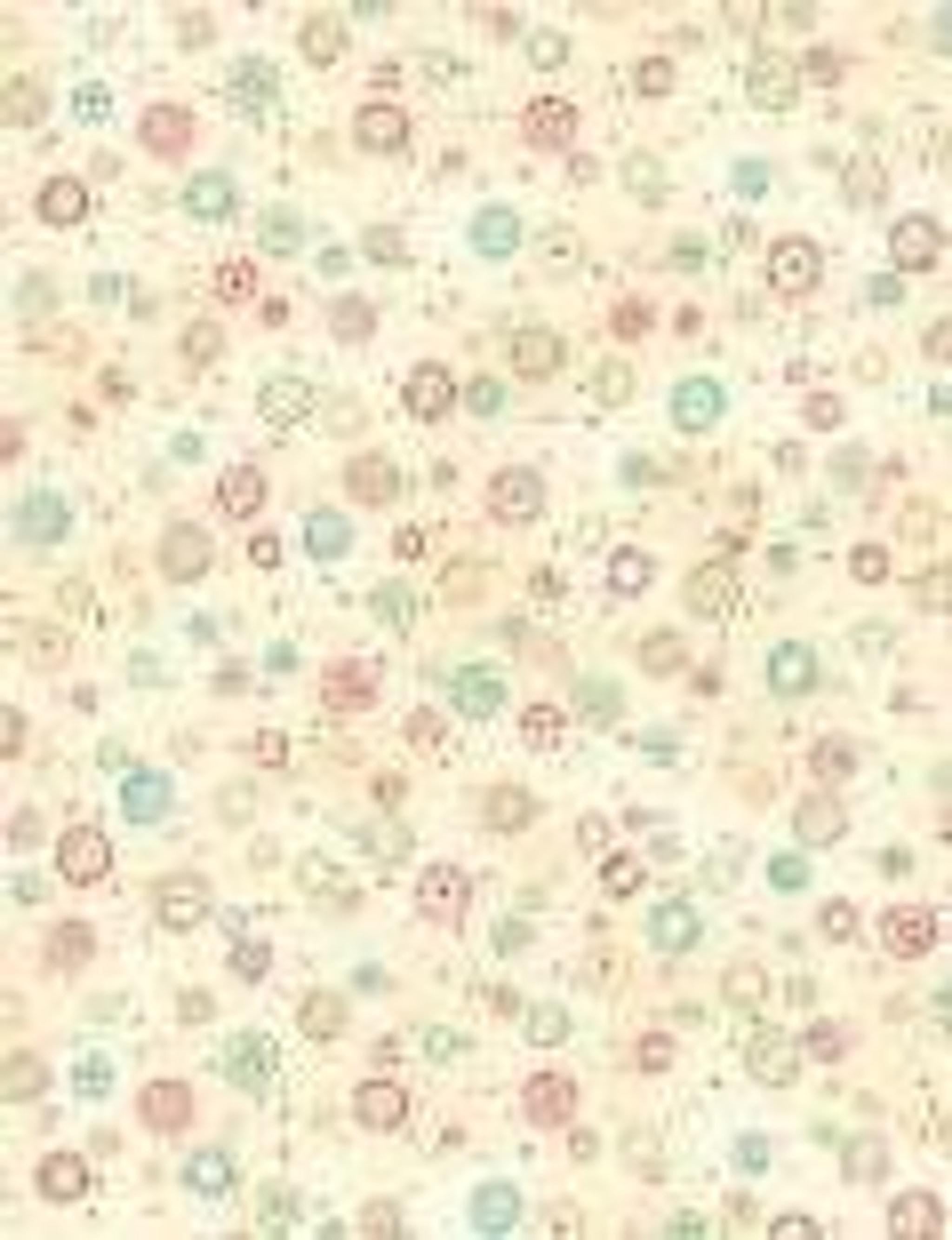 A cream-colored fabric with a scattered pattern of small, light blue, pink, and yellow circles and dots.
