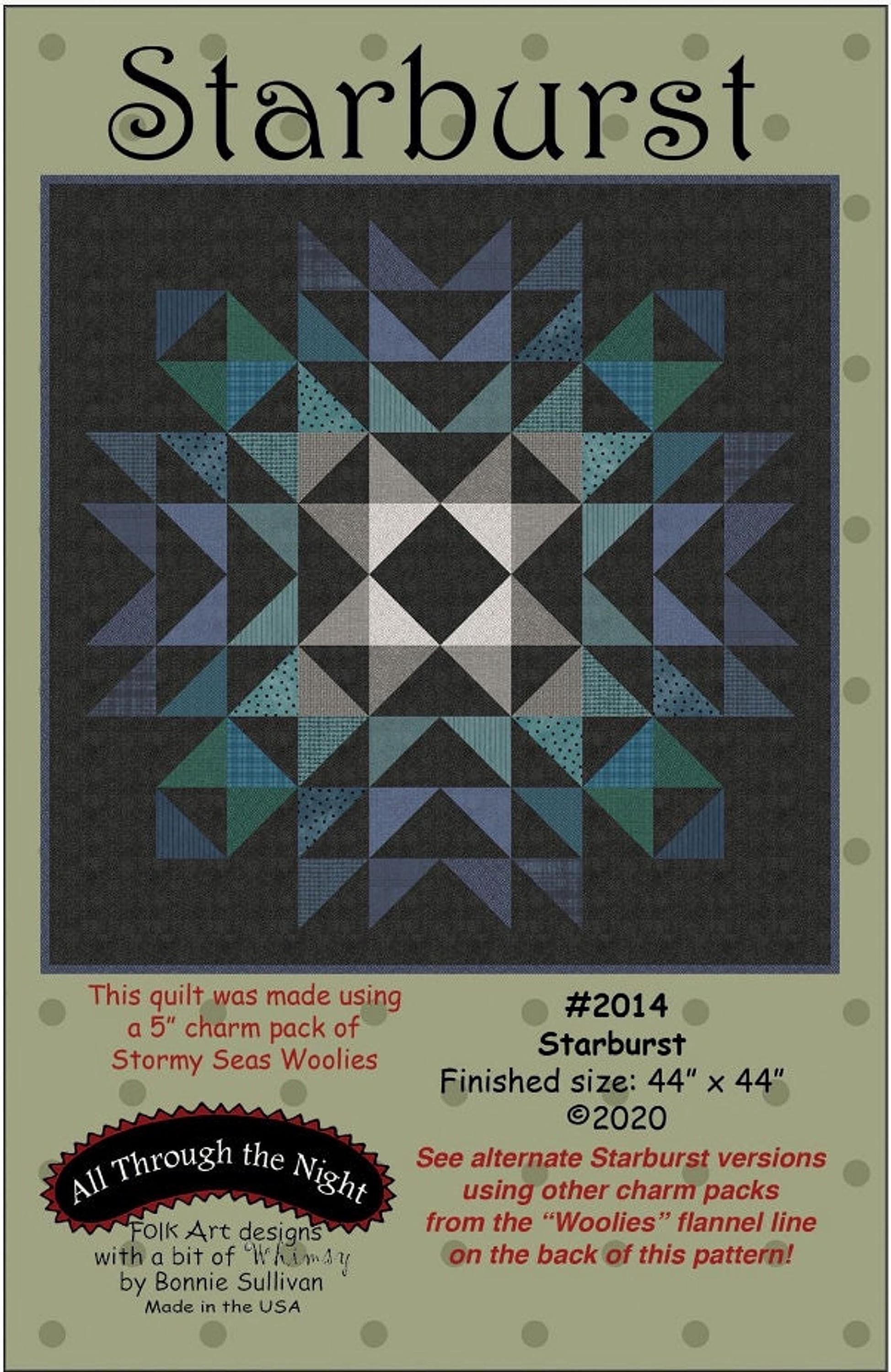 A quilt pattern for a blue and white starburst quilt, with text overlay including "Starburst" and "All Through The Night".