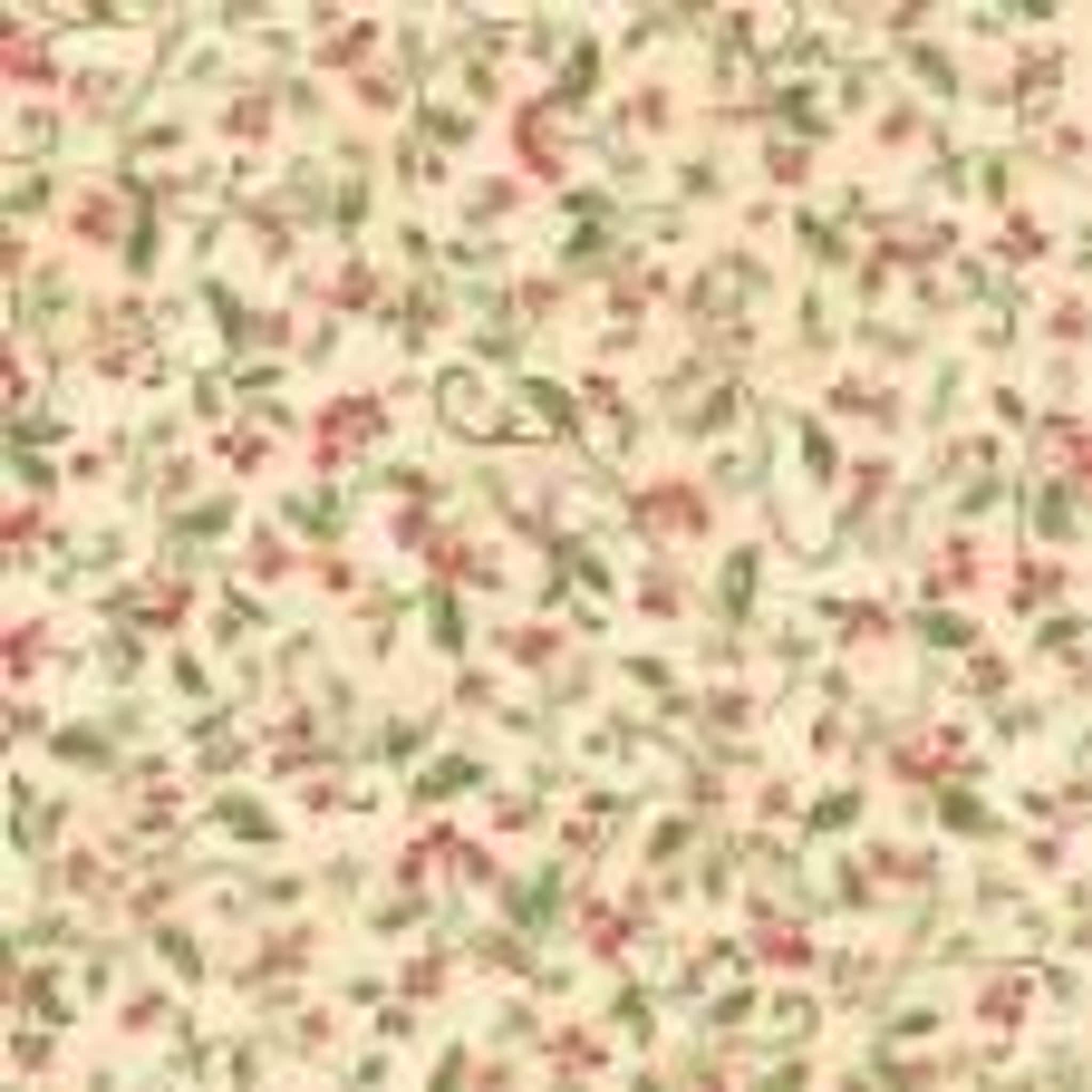 A light cream fabric with a repeating pattern of small red flowers and green leaves on delicate vines.