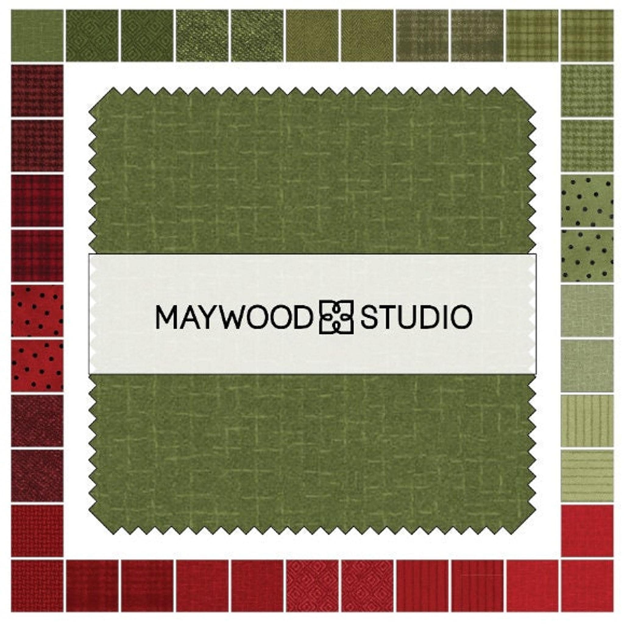 A central green flannel fabric square surrounded by smaller squares of various red and green flannel patterns.
