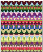A quilt with horizontal rows of repeating patterns in various colors, including green, red, purple, blue, and brown, with geometric shapes like semicircles and triangles.