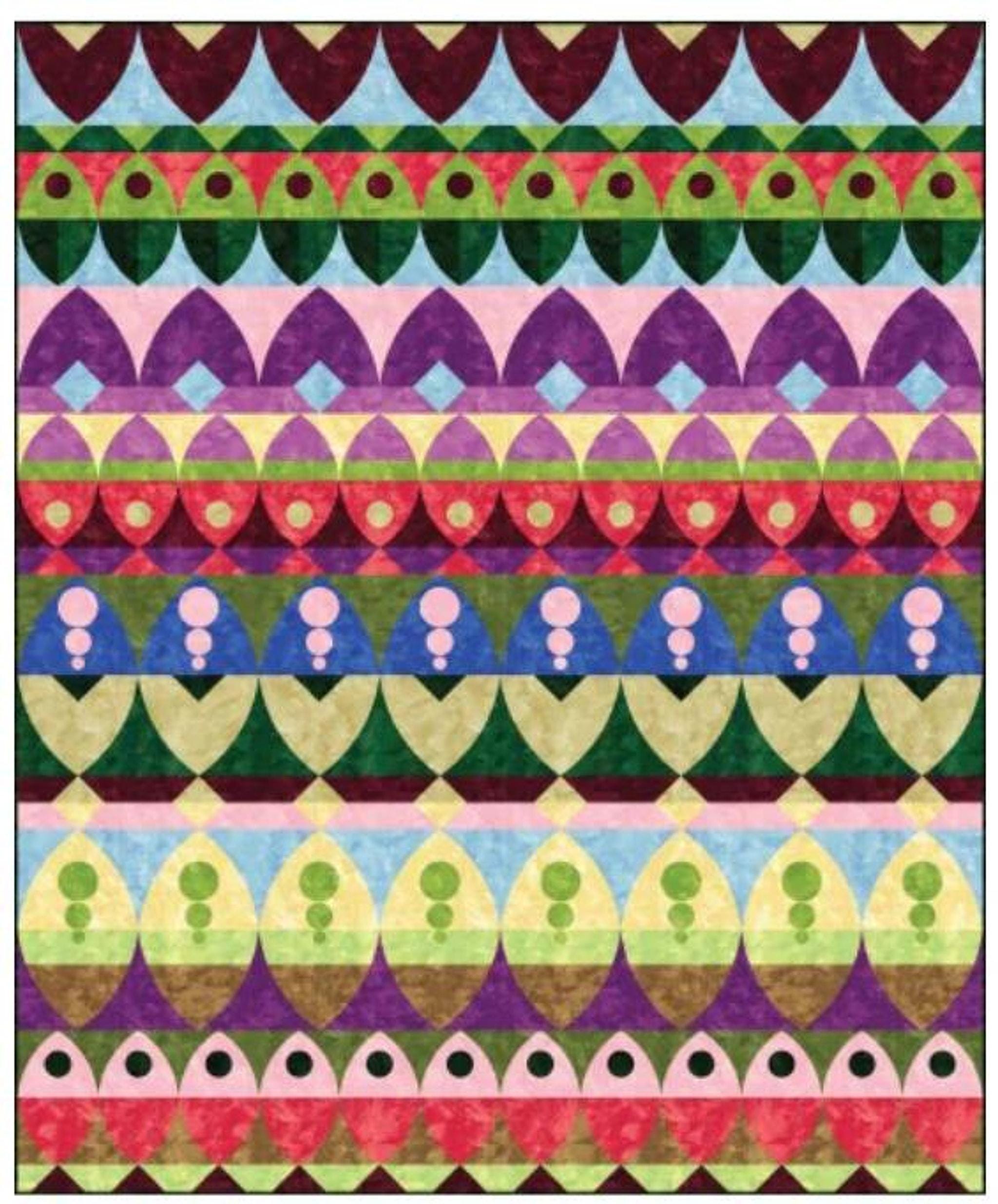 A quilt with horizontal rows of repeating patterns in various colors, including green, red, purple, blue, and brown, with geometric shapes like semicircles and triangles.