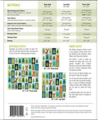 A quilt pattern booklet showing material lists for different quilt sizes, with small images of the quilt design.
