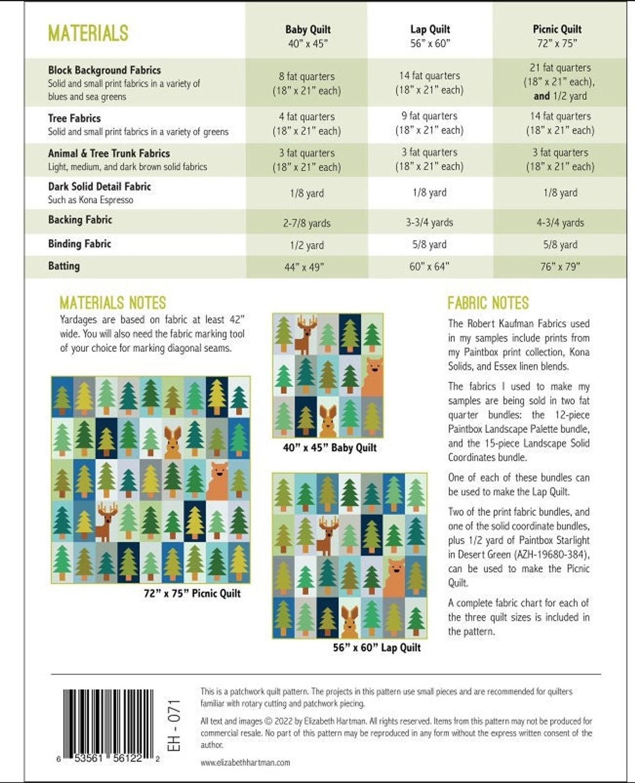 A quilt pattern booklet showing material lists for different quilt sizes, with small images of the quilt design.