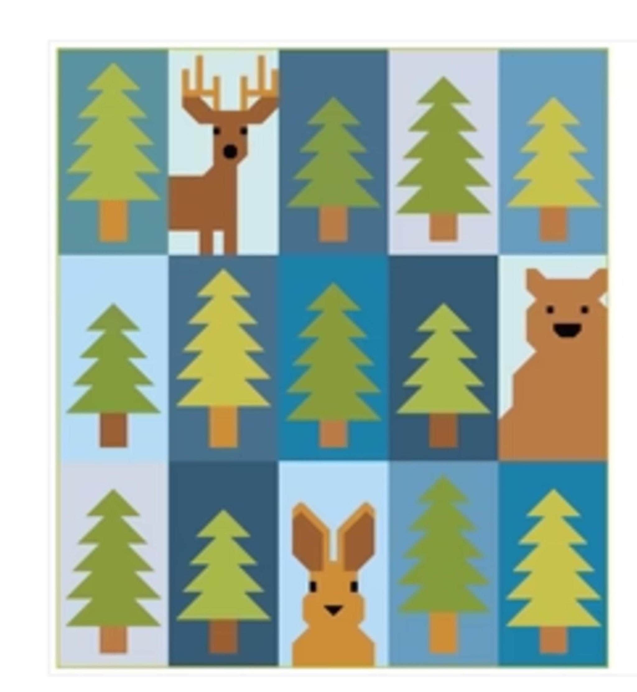 A quilt pattern showing a grid of 15 squares, with 12 squares featuring green pine trees and 3 squares featuring a brown deer, a brown bear, and a brown rabbit.