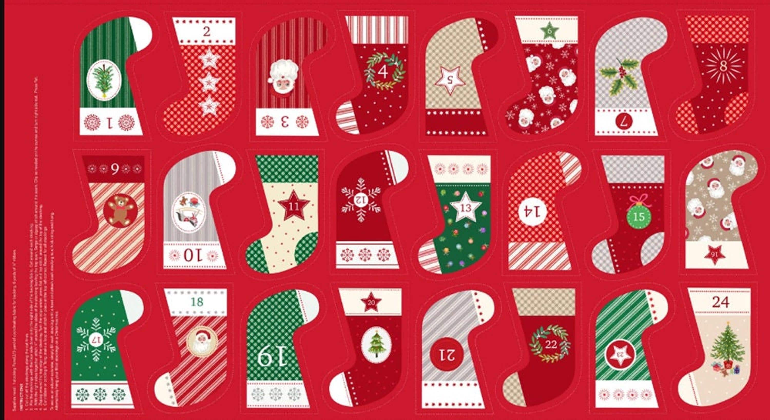 A red fabric panel with 24 mini Christmas stockings, each with a unique holiday design and a number from 1 to 24, arranged in rows.