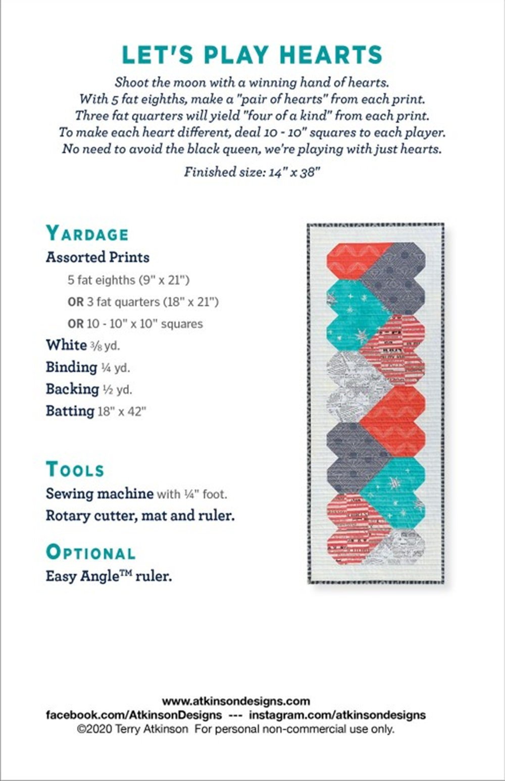 Let's Play Hearts Quilt Runner Pattern by Terry Atkinson - Precut Friendly, 14" x 38" - QuiltingJoyPDX