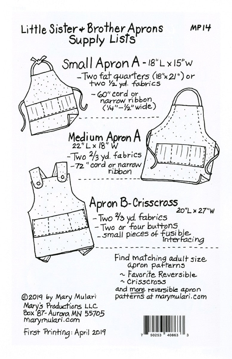 Little Sister & Brother Apron Sewing Pattern by Mary Mulari – Children’s Reversible Apron - QuiltingJoyPDX
