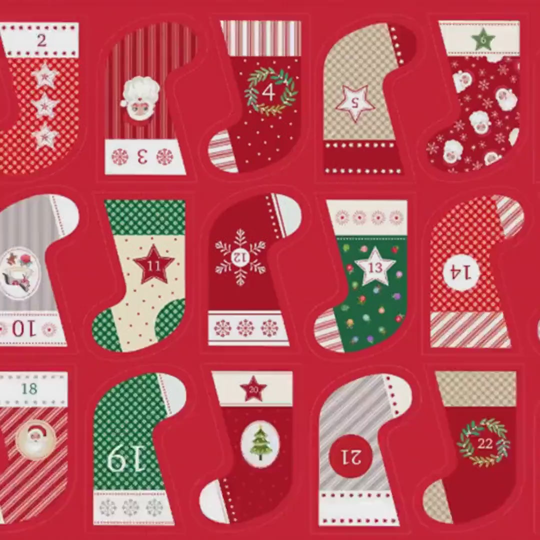 Christmas Panel with Mini Advent Stocking Design, 18" Wide Fabric for Holiday Crafting