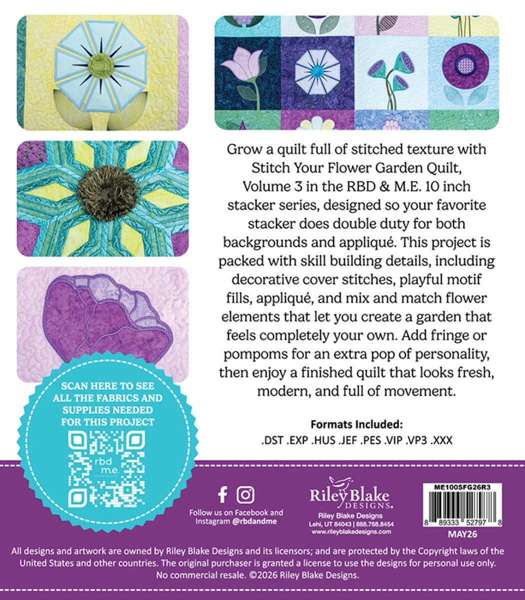 Stitch Your Flower Garden Quilt – Machine Embroidery Pattern, RBD & ME Vol. 3 (Riley Blake) - QuiltingJoyPDX