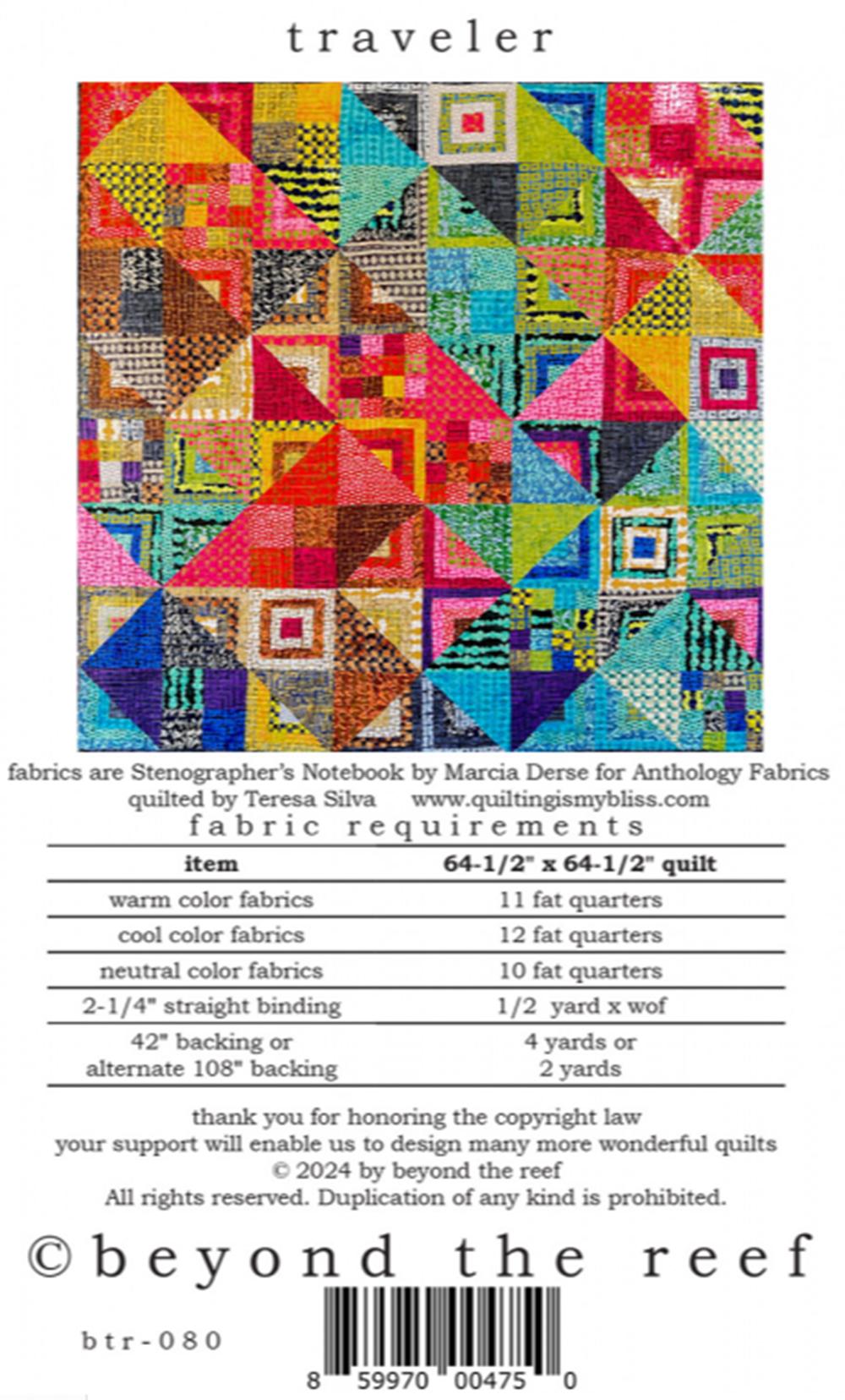 Traveler quilt pattern from beyond the reef - Finished size 64.5" x 64.5" - QuiltingJoyPDX